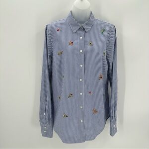 J. Crew Blue and White Striped Embroidered Button-Up Blouse